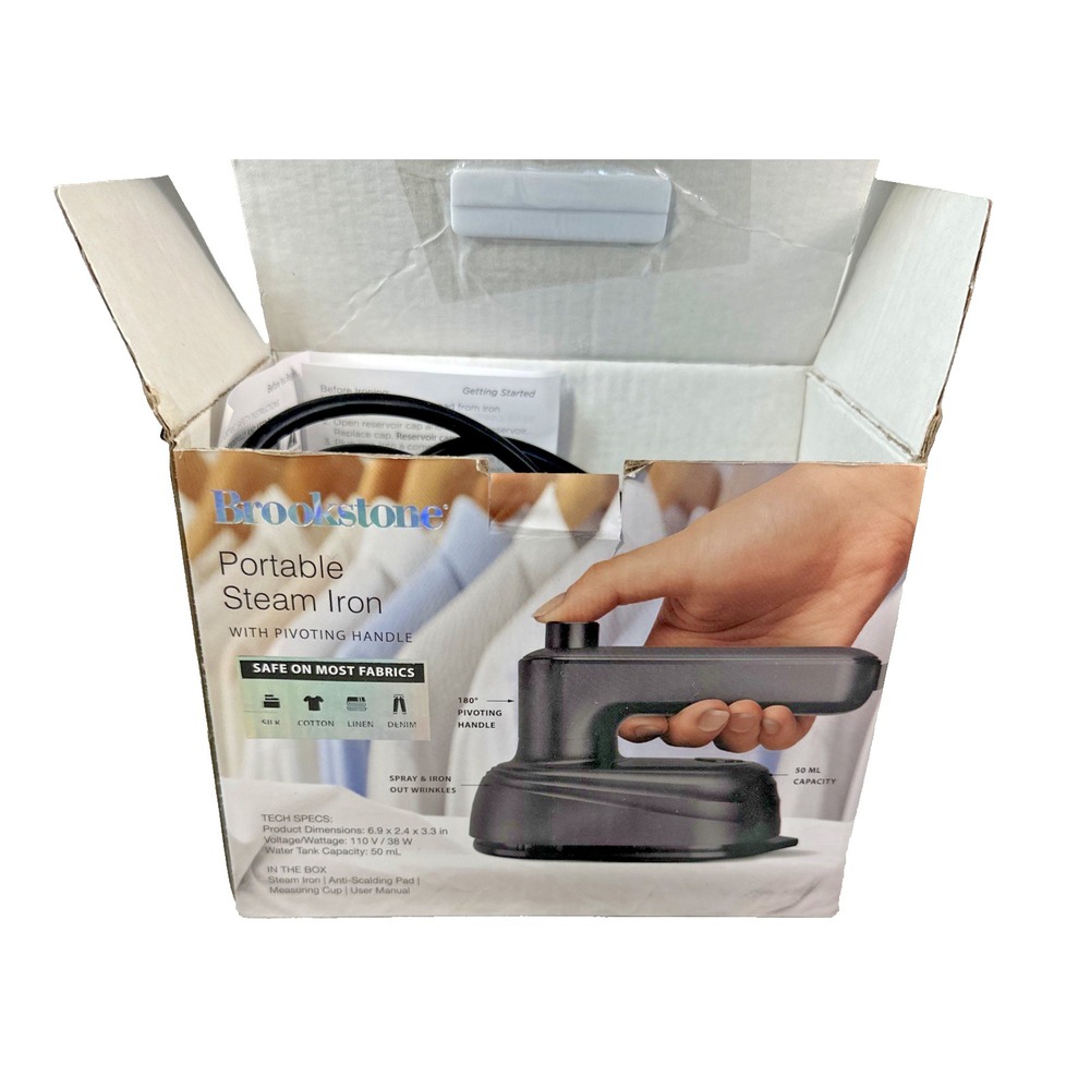 Brookstone Portable Steam Iron w/ Pivoting Handle WORKS (missing anti-scald pad)
